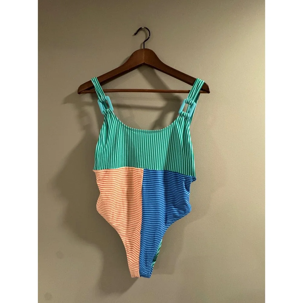 Aerie Ring Birthday Scoop Cheekiest One Piece Swimsuit Size LARGE Multi Color